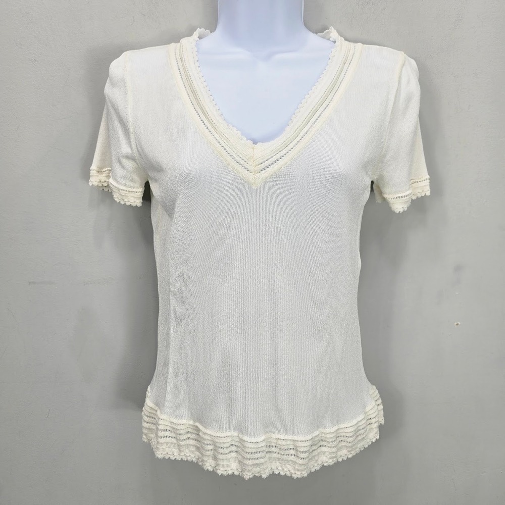 Vintage 90s Y2K‎ Escada Knit Blouse Top M Ivory Scallop Trim Luxury Office Italy